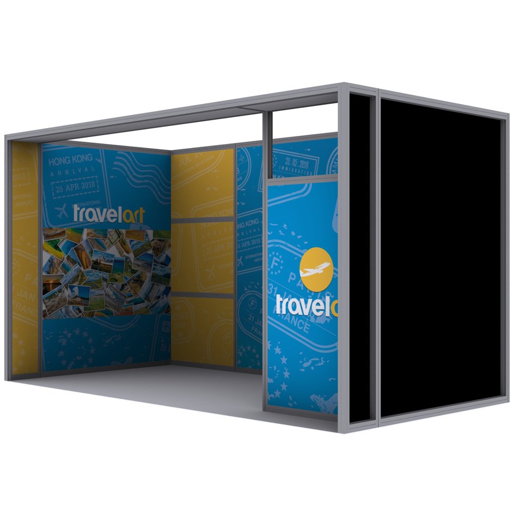 A modular trade show booth with travel-themed graphics, an open-frame structure, and custom-branded display panels.