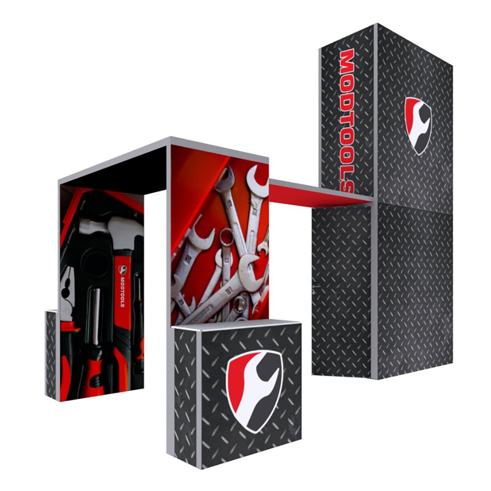 A custom exhibit display featuring branded towers, product graphics, and modern modular trade show architecture.
